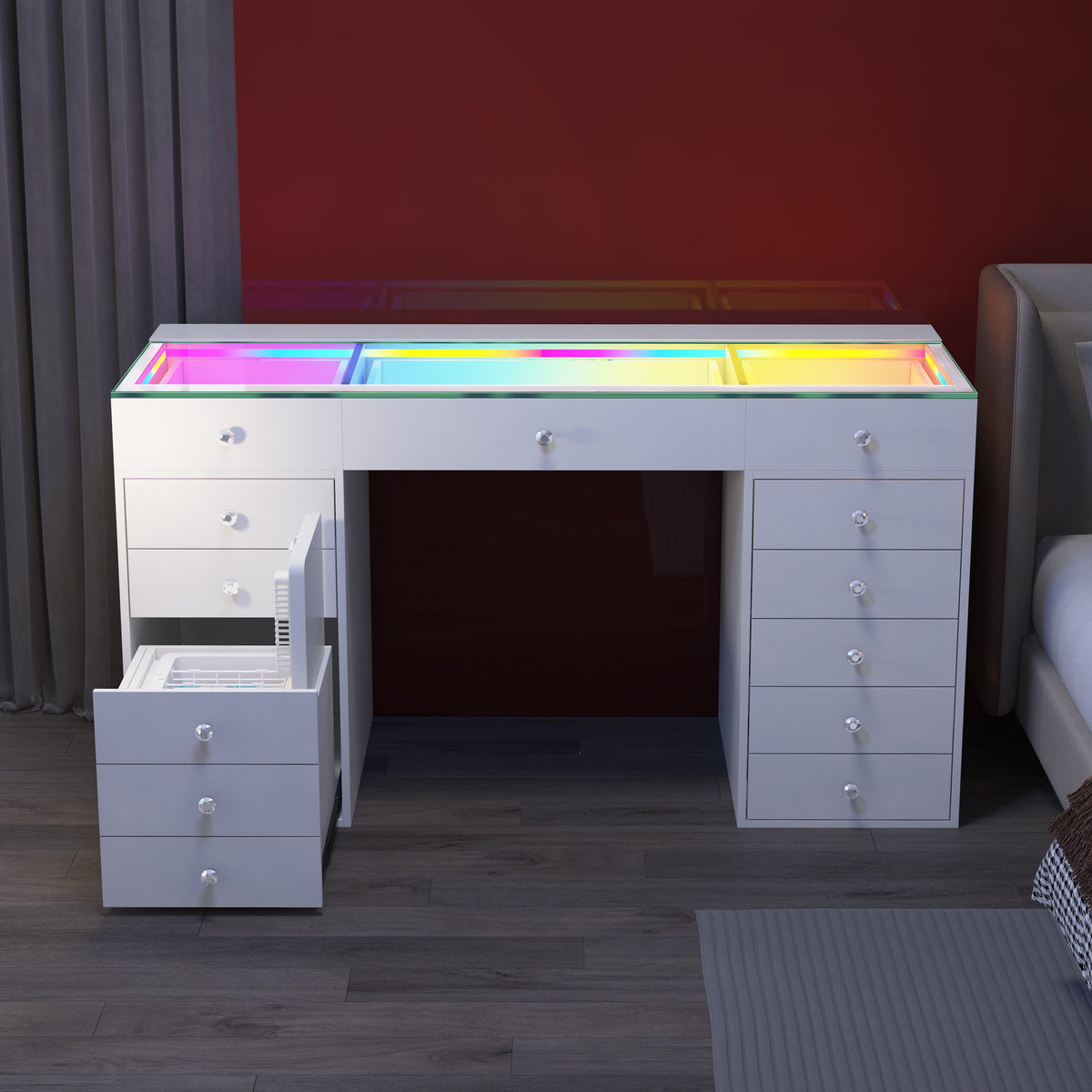 VANITII Vanity Desk with Fridge & 10 Storege Drawers
