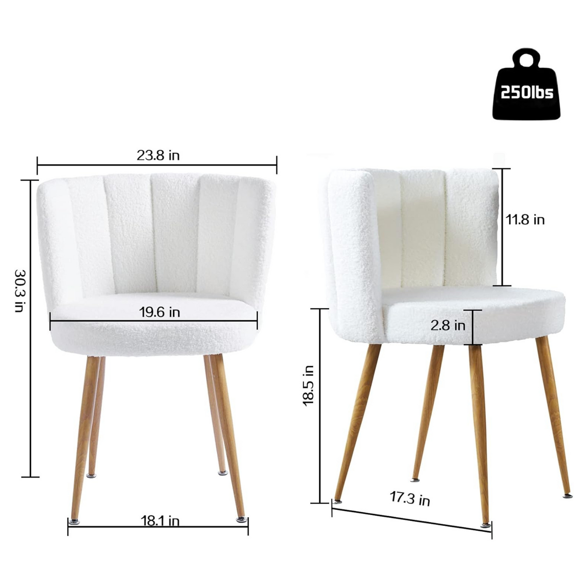 Modern White Dining Chairs - Iron Tube Wood-Color Legs, Shorthair Cushions 2pCS/CTN