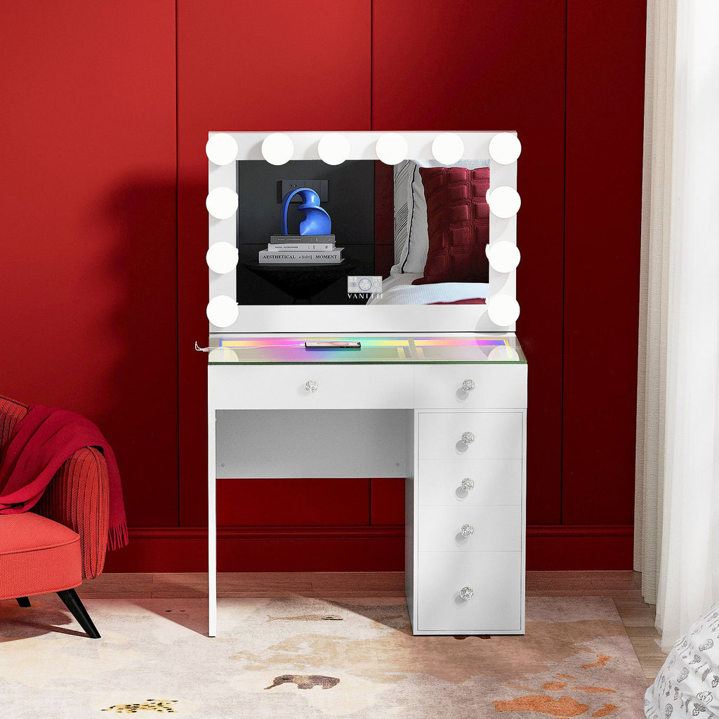 Vanitii Cindy vanity set with lighted mirror and glass top desk with drawers