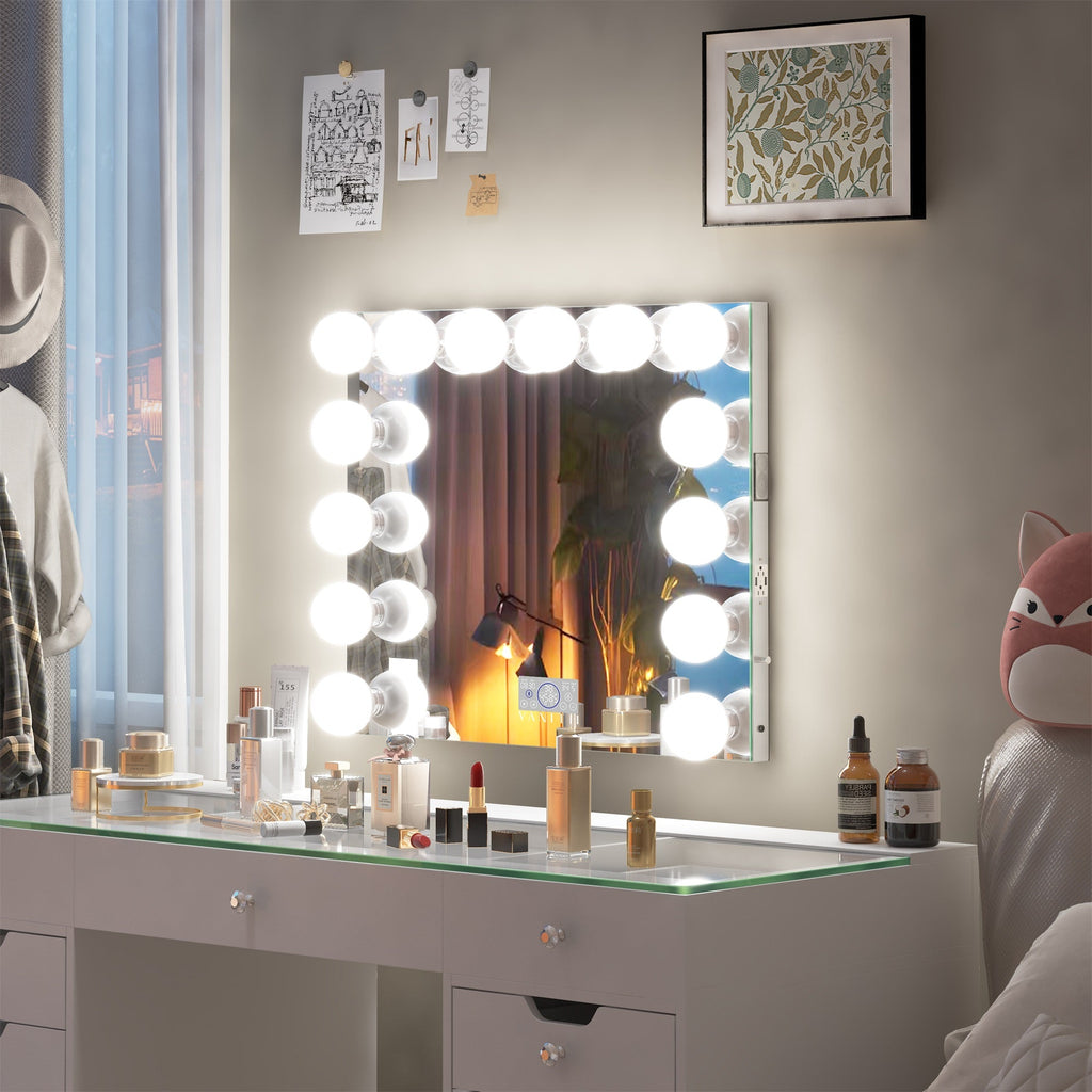 Vanitii Marilyn Hollywood vanity mirror with 14 dimmable LED bulbs mounted on a white desk