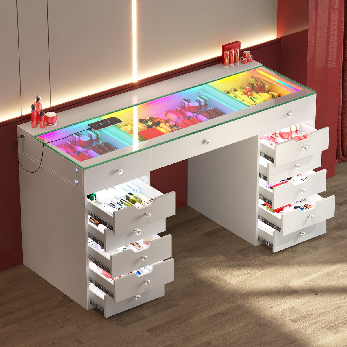 Vanitii Eva vanity desk with glass top, RGB lighting, and thirteen storage drawers filled with cosmetics