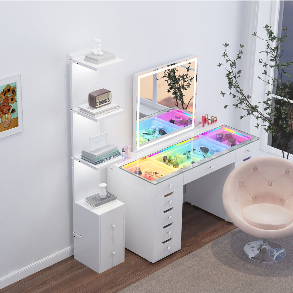 Vanitii white vanity desk with LED lighted mirror and glass top display shelves containing makeup products