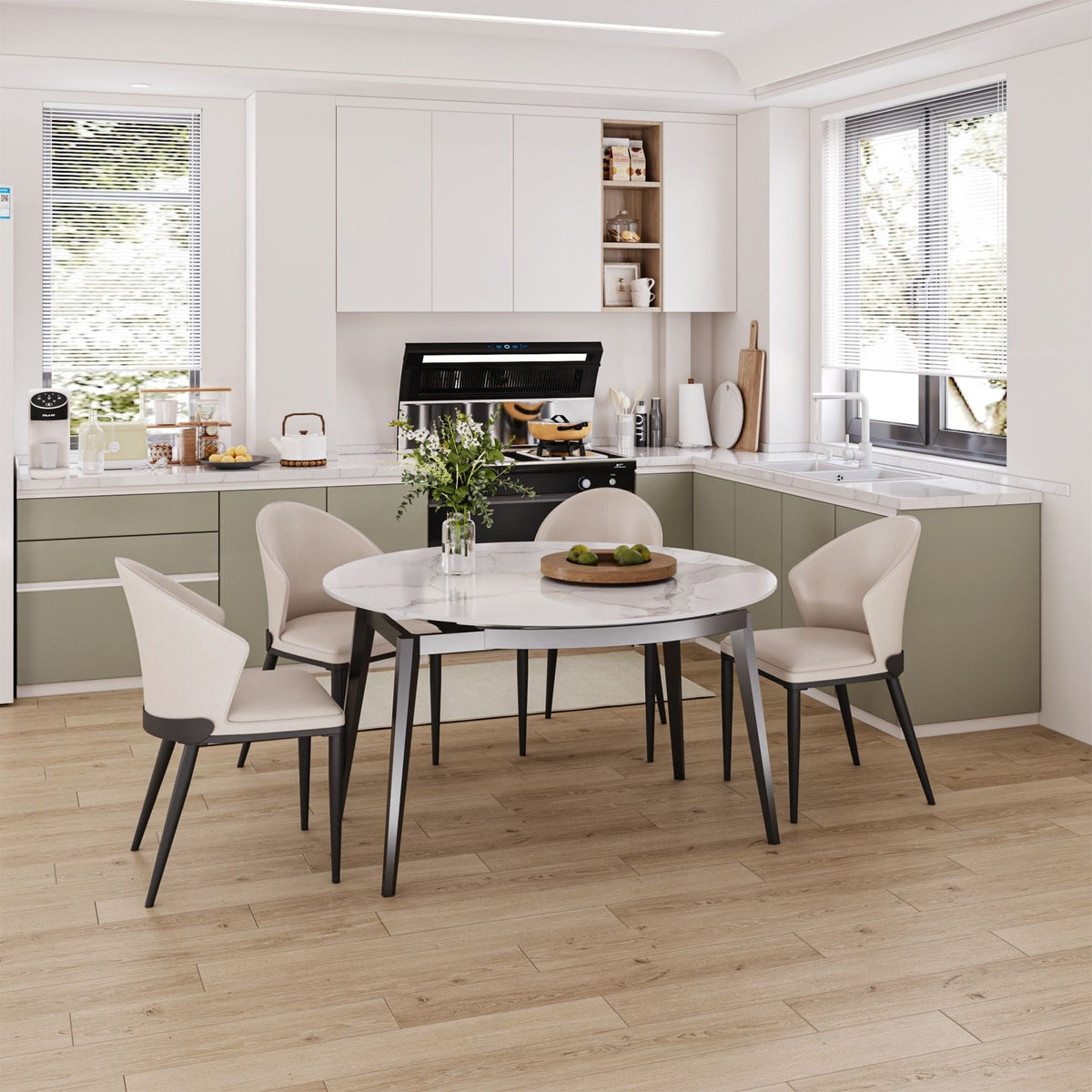 Modern kitchen with a dining table and chairs in a well-lit room.