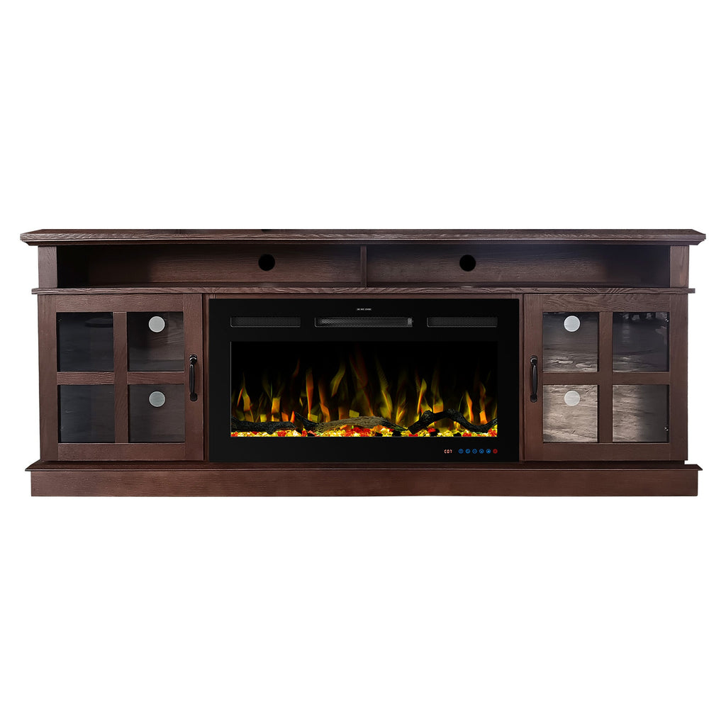 72“ Teak Ash Wood Veneer Fireplace TV stand