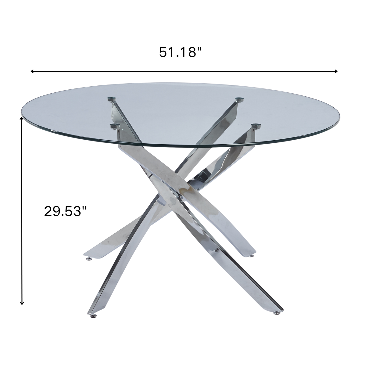 51.18" Round Dining Table, 10MM Clear Tempered Glass Top with Golden Crossed Metal Base, Easy to Clean