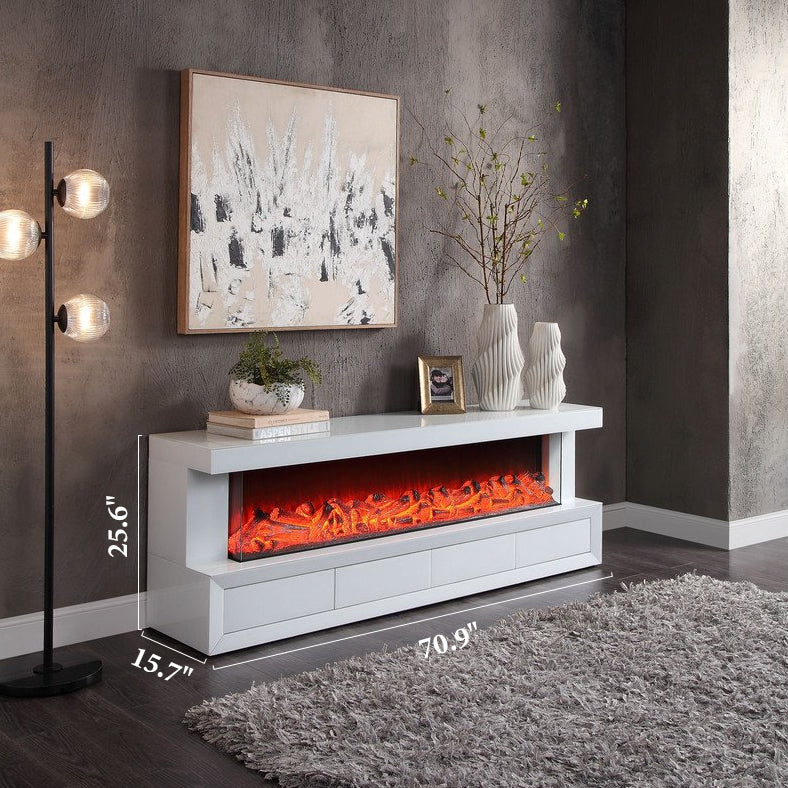 Modern living room with a white electric fireplace, decorative items, and a gray rug.