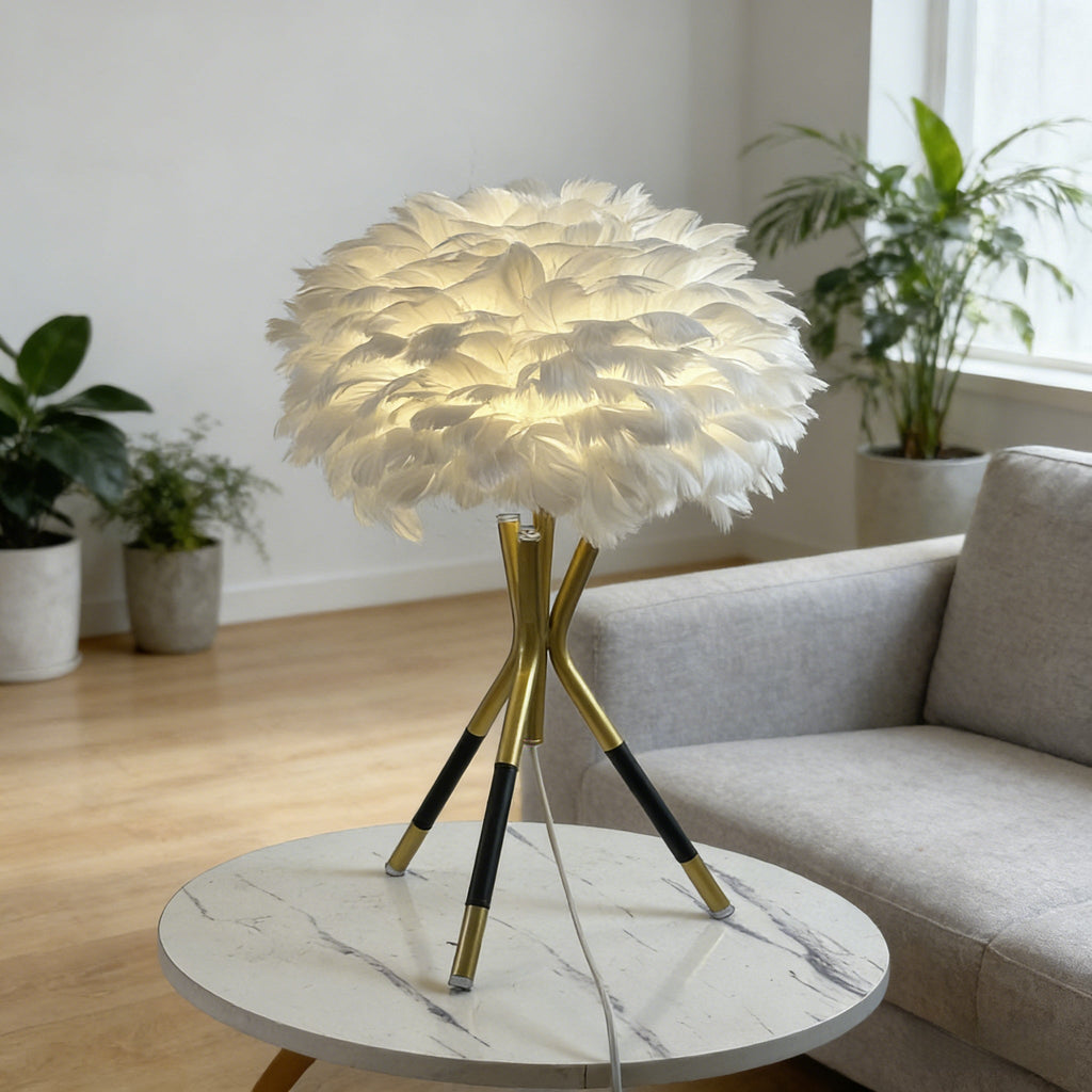 Nordic Feather Table Lamp, 3-Color Dimmable, Remote Control, Iron Base Bedside Light