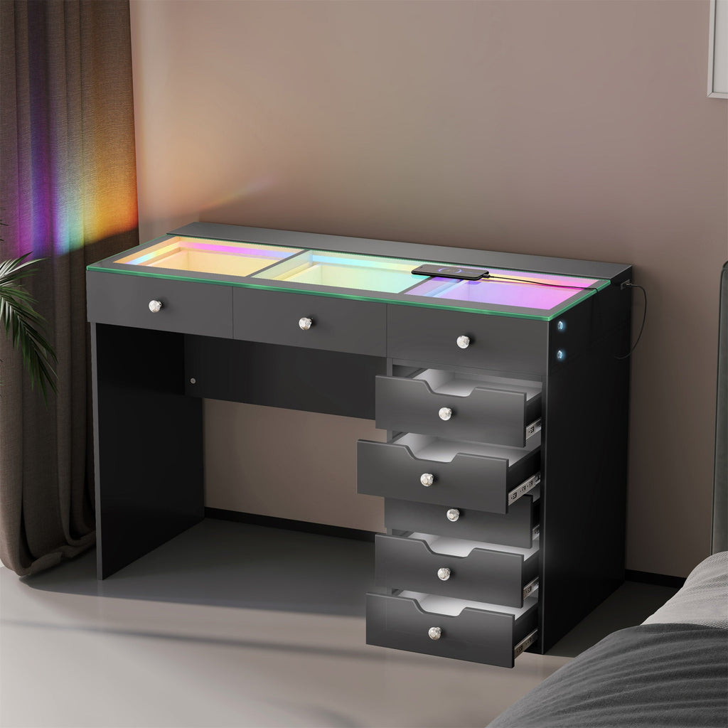 Vanitii Diana RGB vanity desk with glass top and eight storage drawers