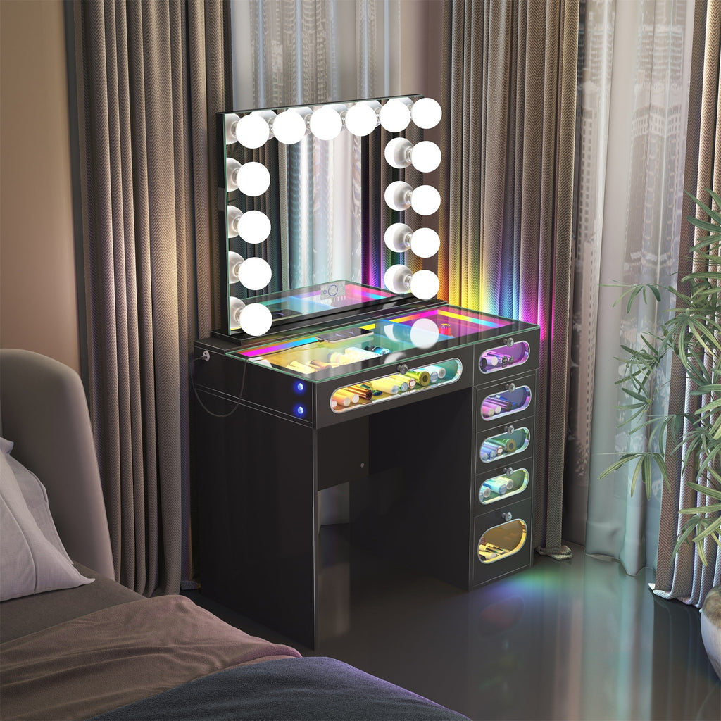 VANITII 6 Glass Fronted Drawers Vanity Desk with Marilyn Vanity Mirror