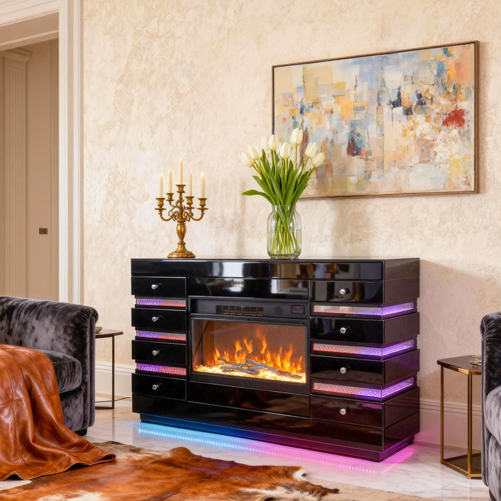 Fully Assembled 55" Mirrored Fireplace with RGB Ambiance and Wireless charging