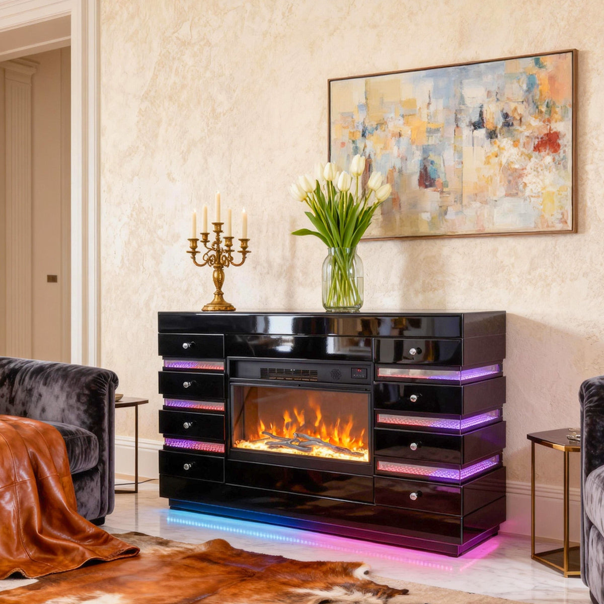 Fully Assembled 55" Mirrored Fireplace with RGB Ambiance and Wireless charging