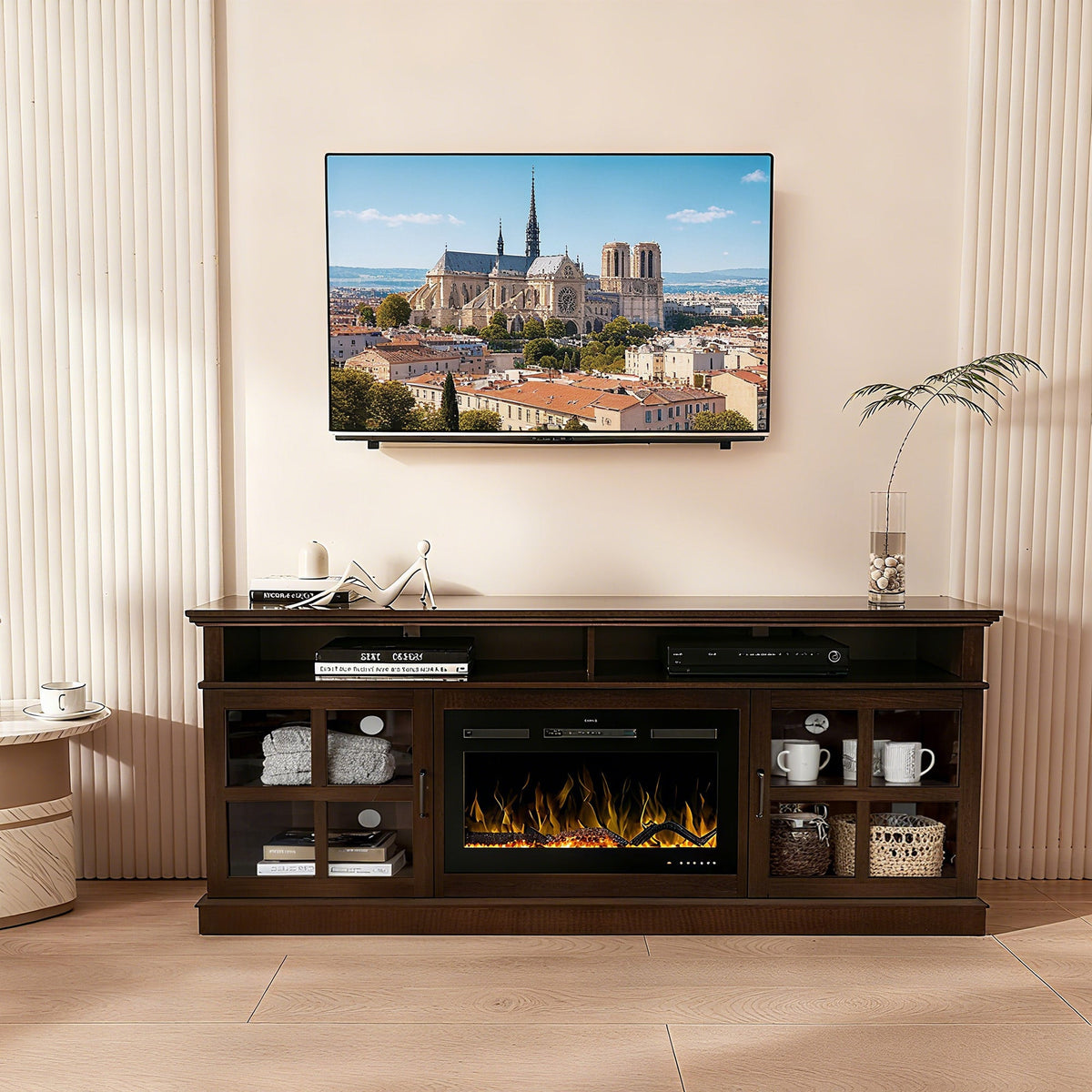 72“ Teak Ash Wood Veneer Fireplace TV stand with Bluetooth
