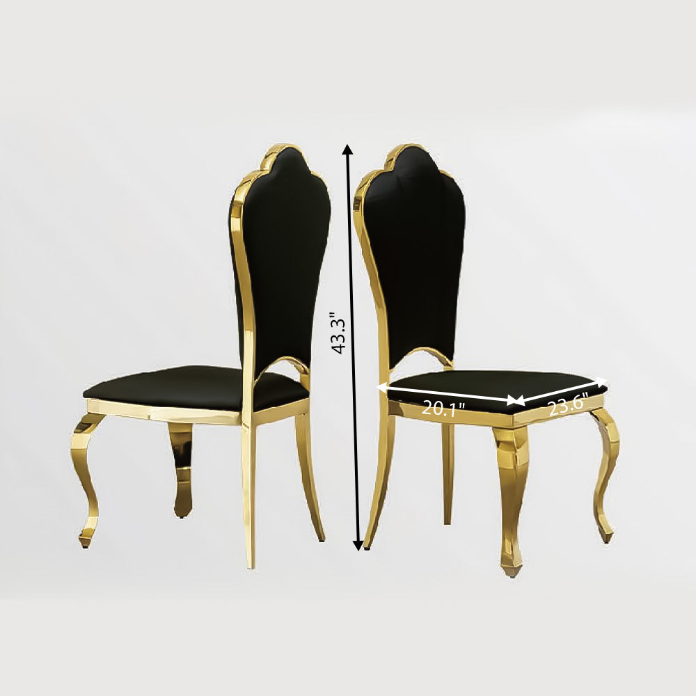 Two black chairs with gold frames and measurements on a white background