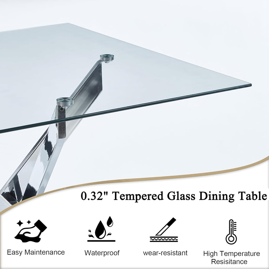 Modern Square Glass Dining Table - Chrome Cross Legs