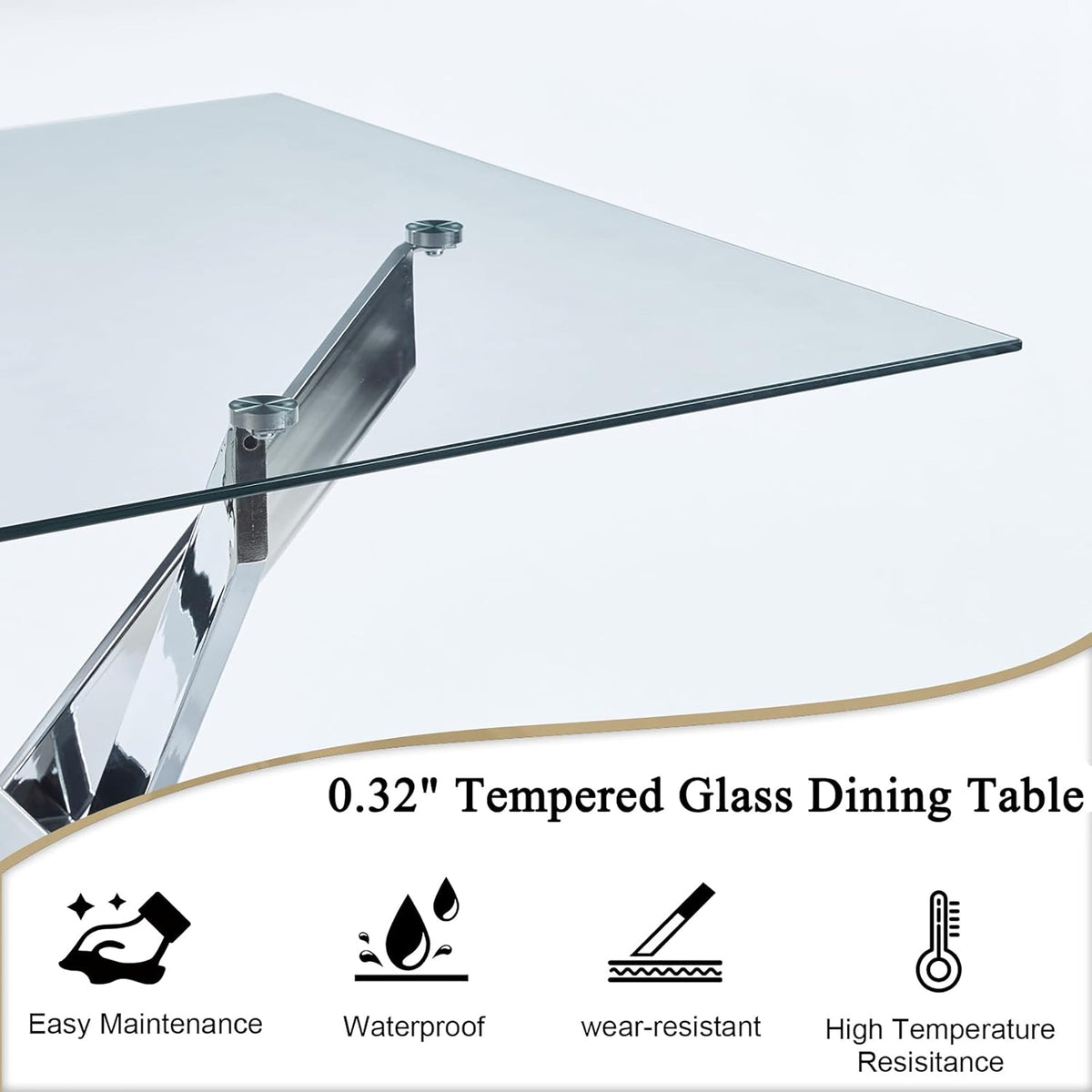 Modern Square Glass Dining Table - Chrome Cross Legs