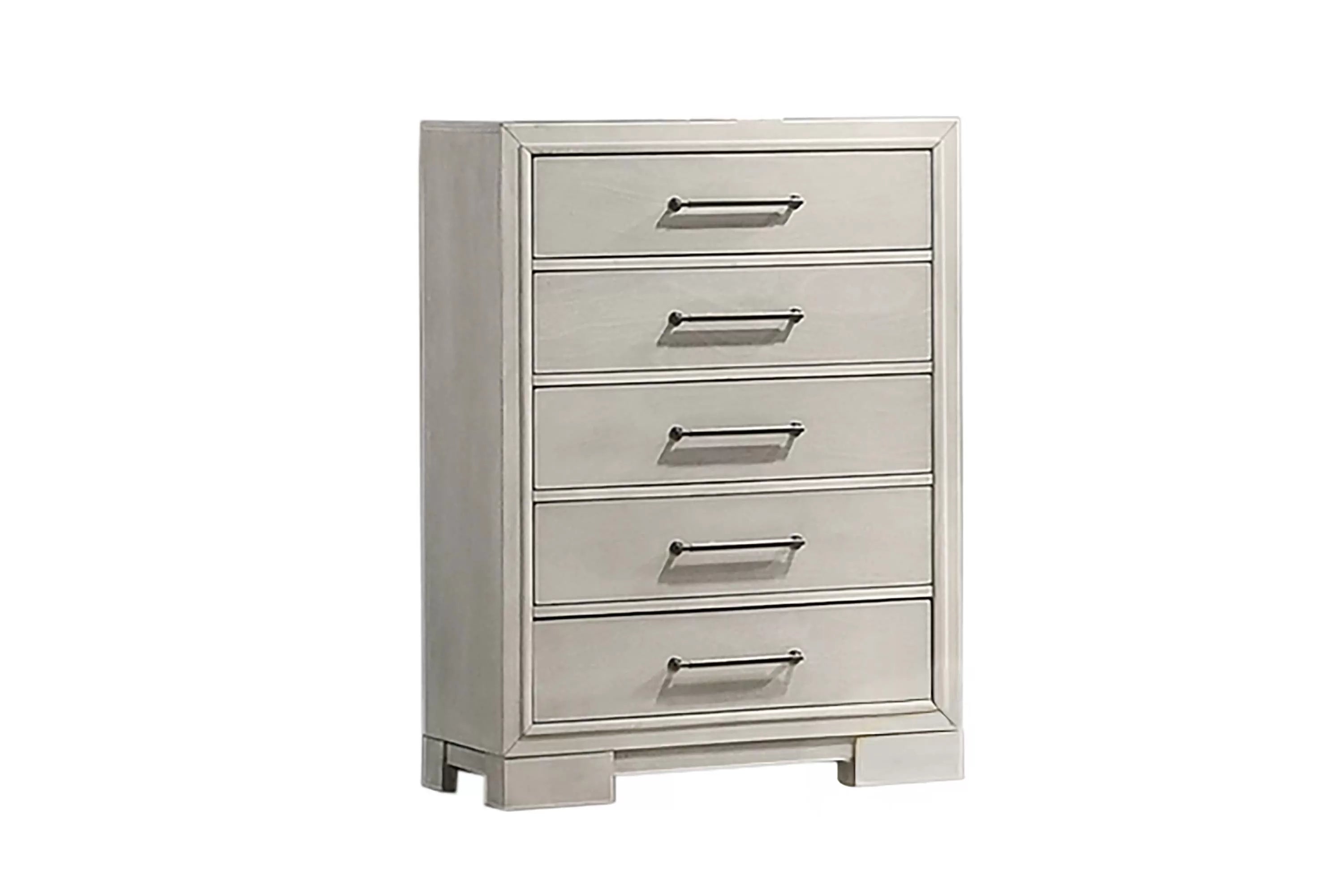 Antique white 5 drawer chest with silver handles set on a white background.