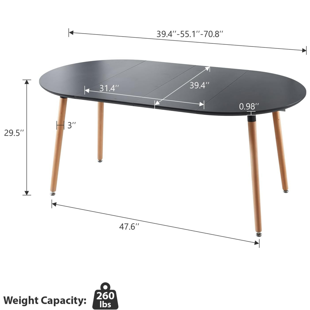 Black 71" Oval Extendable Dining Table: MDF Top, 40"-55"-71" Fold, Seats 6-8