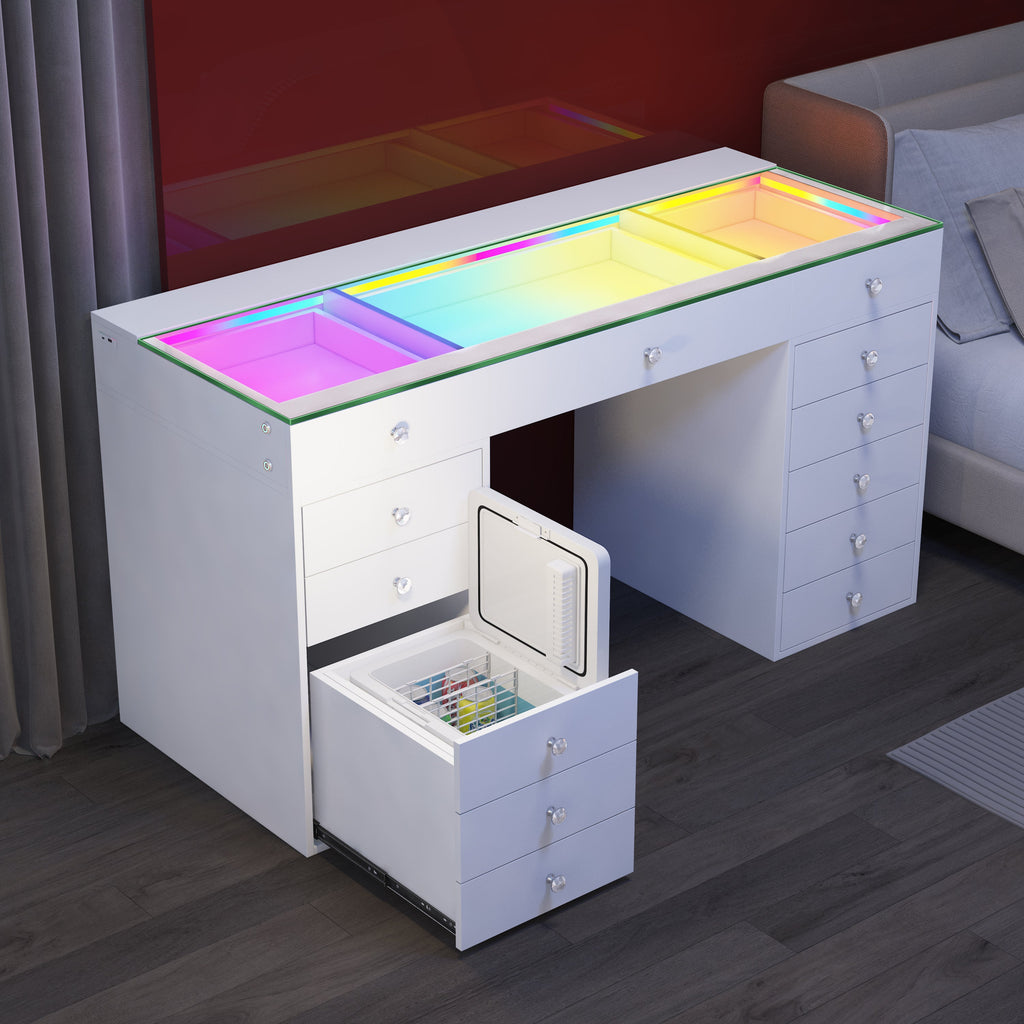 VANITII Vanity Desk with Fridge & 10 Storege Drawers