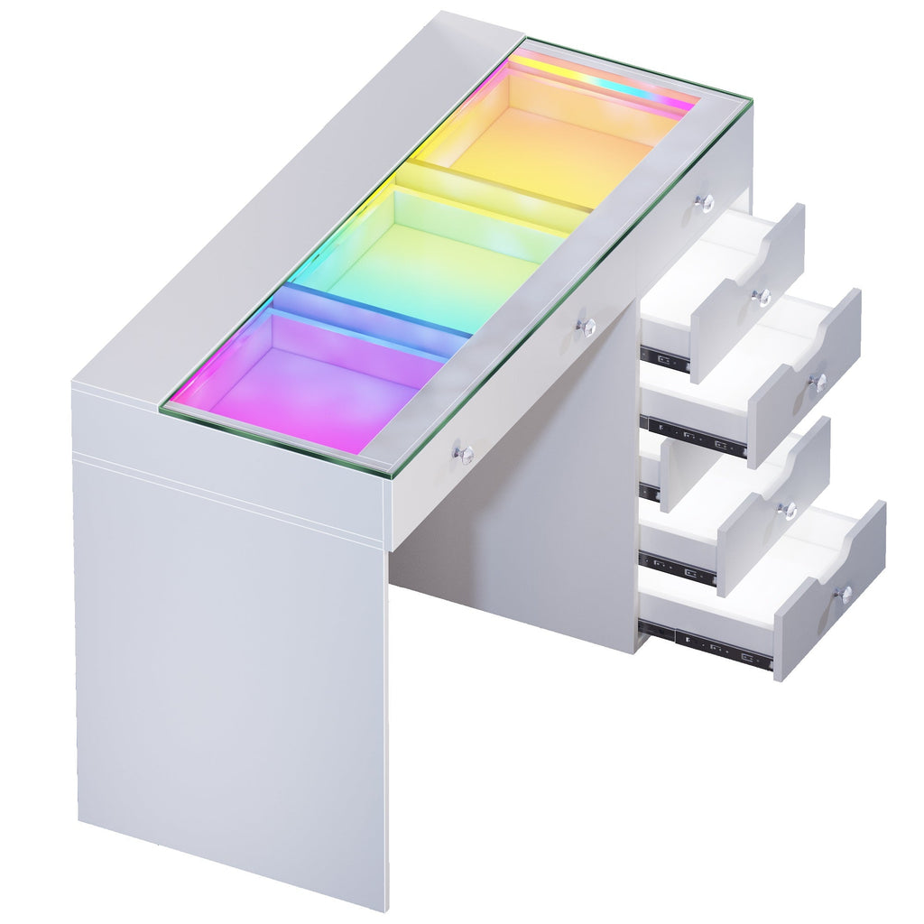 Vanitii Diana RGB vanity desk with glass top and eight open storage drawers