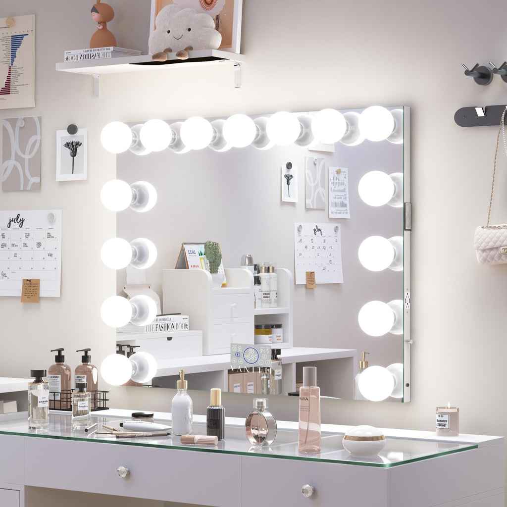 Vanitii Marilyn Hollywood vanity mirror with 15 dimmable LED bulbs on a white desk with beauty products
