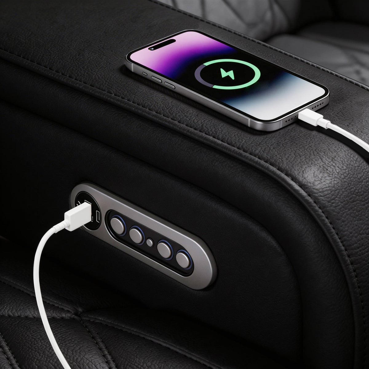 Phone charging on a car's USB port with a visible cable