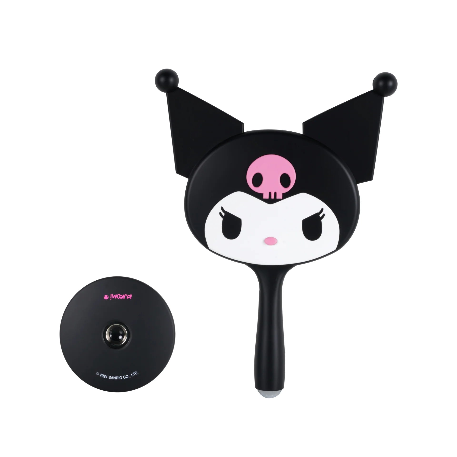 Black hand mirror with cartoon face design on a white background