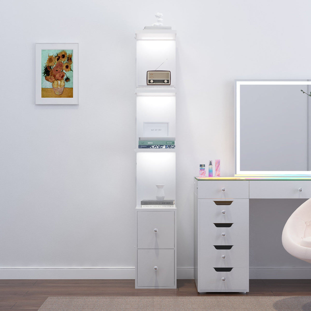 Vanitii white tall display shelf with integrated LED lighting and two bottom drawers
