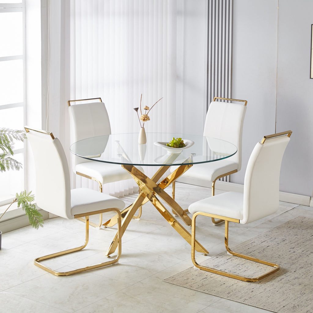 51.18" Round Dining Table, 10MM Clear Tempered Glass Top with Golden Crossed Metal Base, Easy to Clean