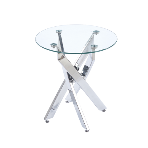 19.69" Round End Table, 8MM Clear Tempered Glass Top with Golden Crossed Metal Base, Easy to Clean