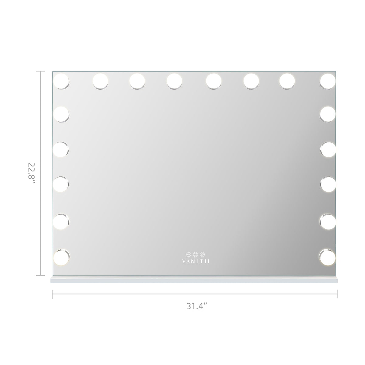 A rectangular vanity mirror with lighted circular bulbs around the border, shown with dimension lines indicating 31.4 inches wide and 22.