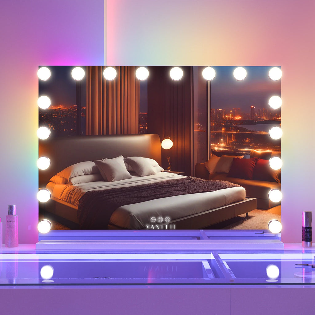 Large mirror with light bulbs around it, reflecting a bedroom scene.