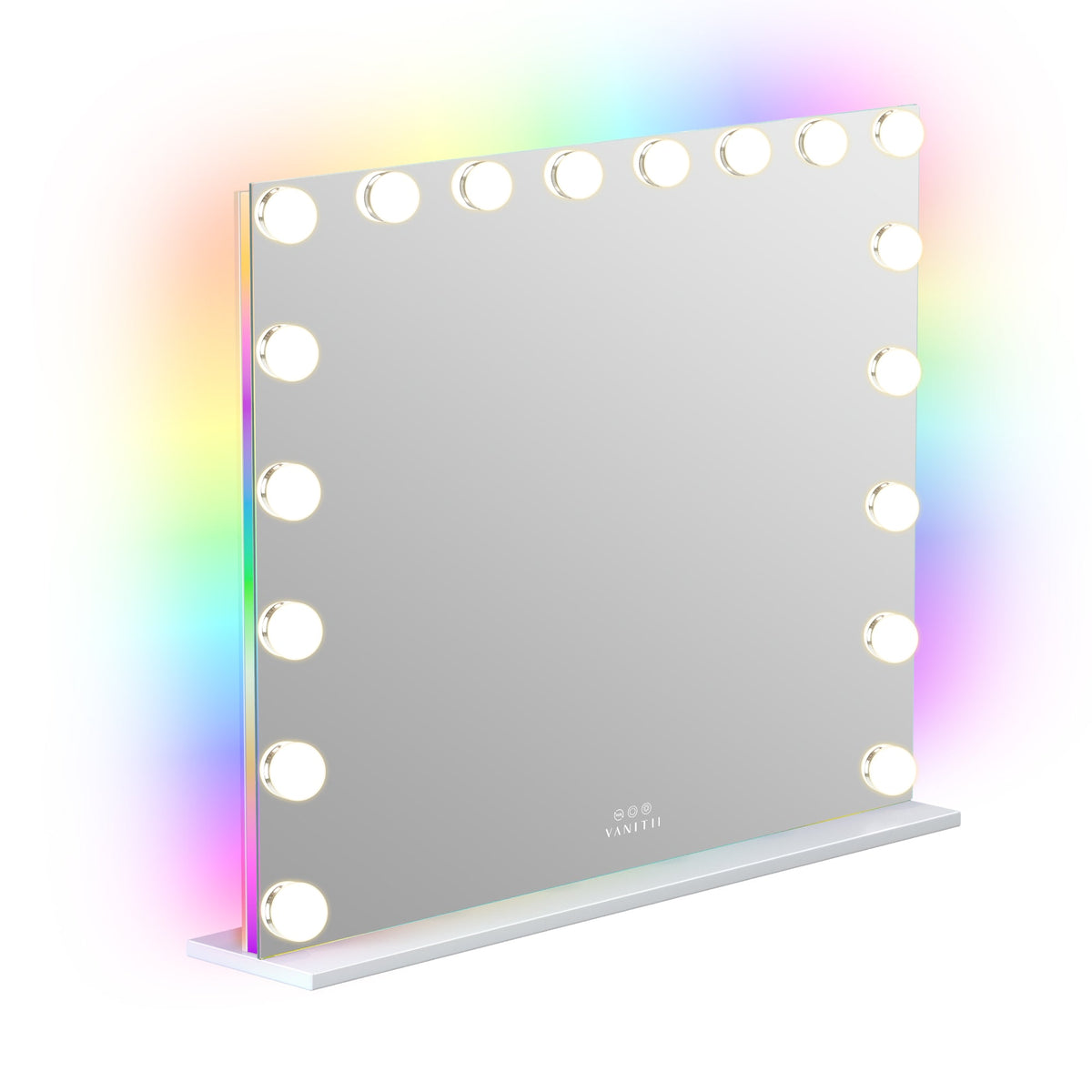 Makeup mirror with colorful LED lights on a white background