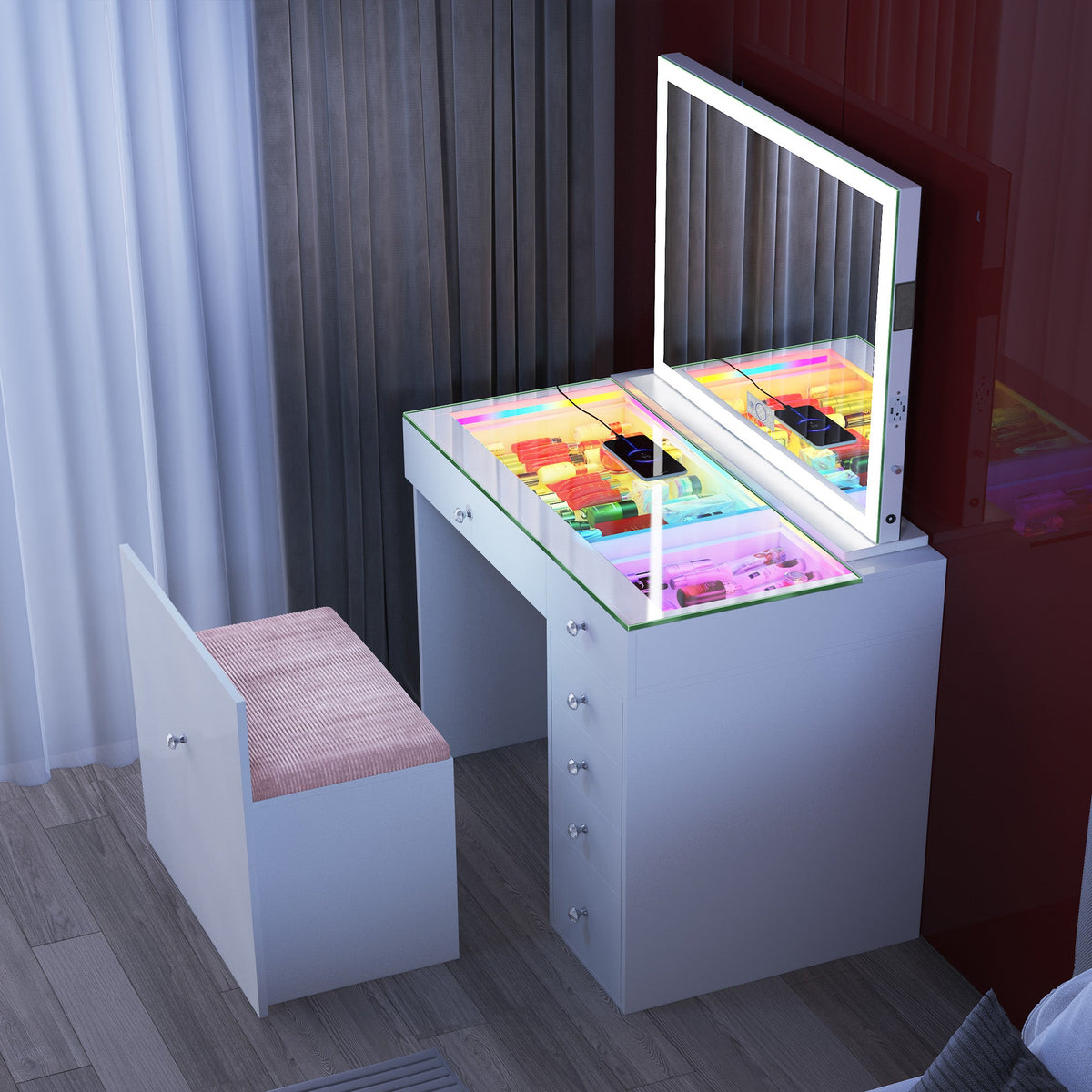 VANITII Mini Diana Vanity Desk and Marilyn Mirror with Soft Hidden Stool
