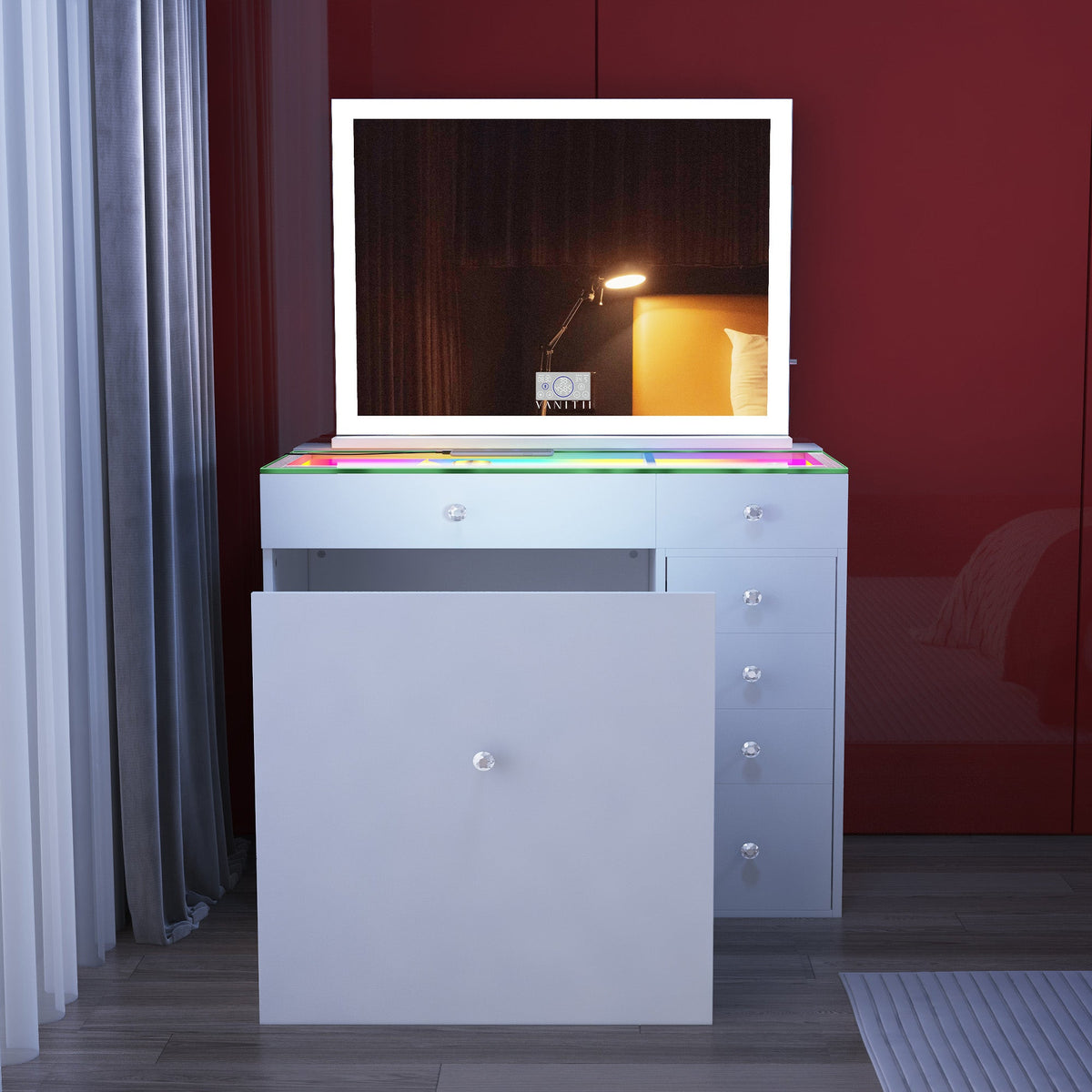 VANITII Mini Diana Vanity Desk and Marilyn Mirror with Soft Hidden Stool