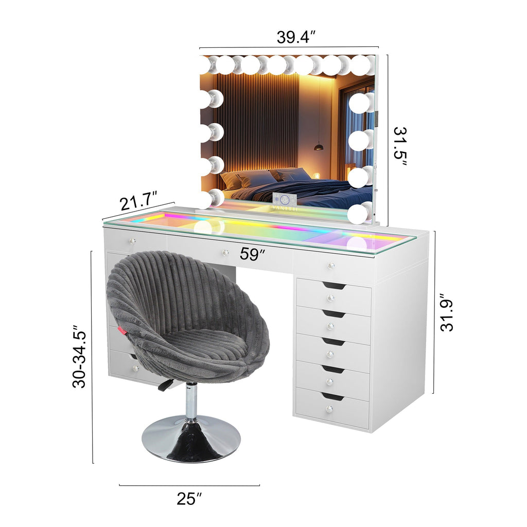 Eva-RGB Vanity Desk Set with 15 Bulbs Mirror