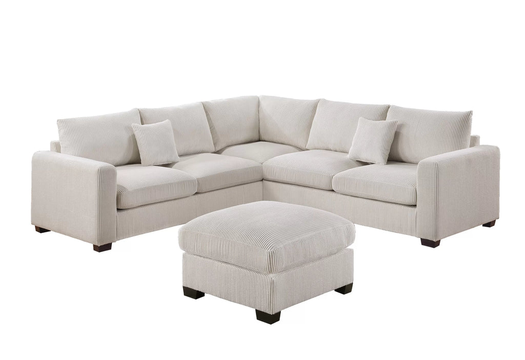 Beige sectional sofa with matching ottoman on a white background