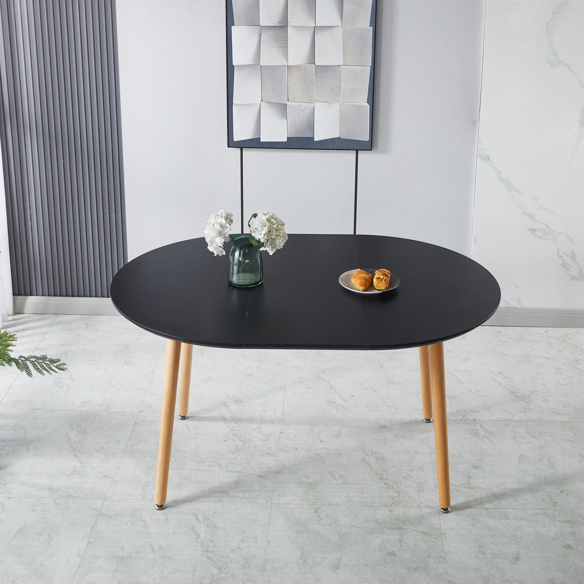 Black 71" Oval Extendable Dining Table: MDF Top, 40"-55"-71" Fold, Seats 6-8