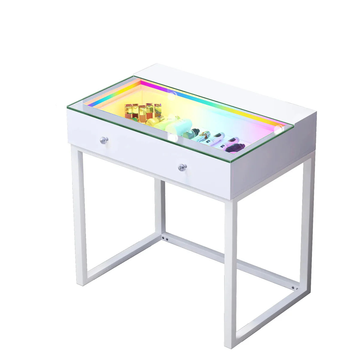 White interactive touch table with colorful display on a white background