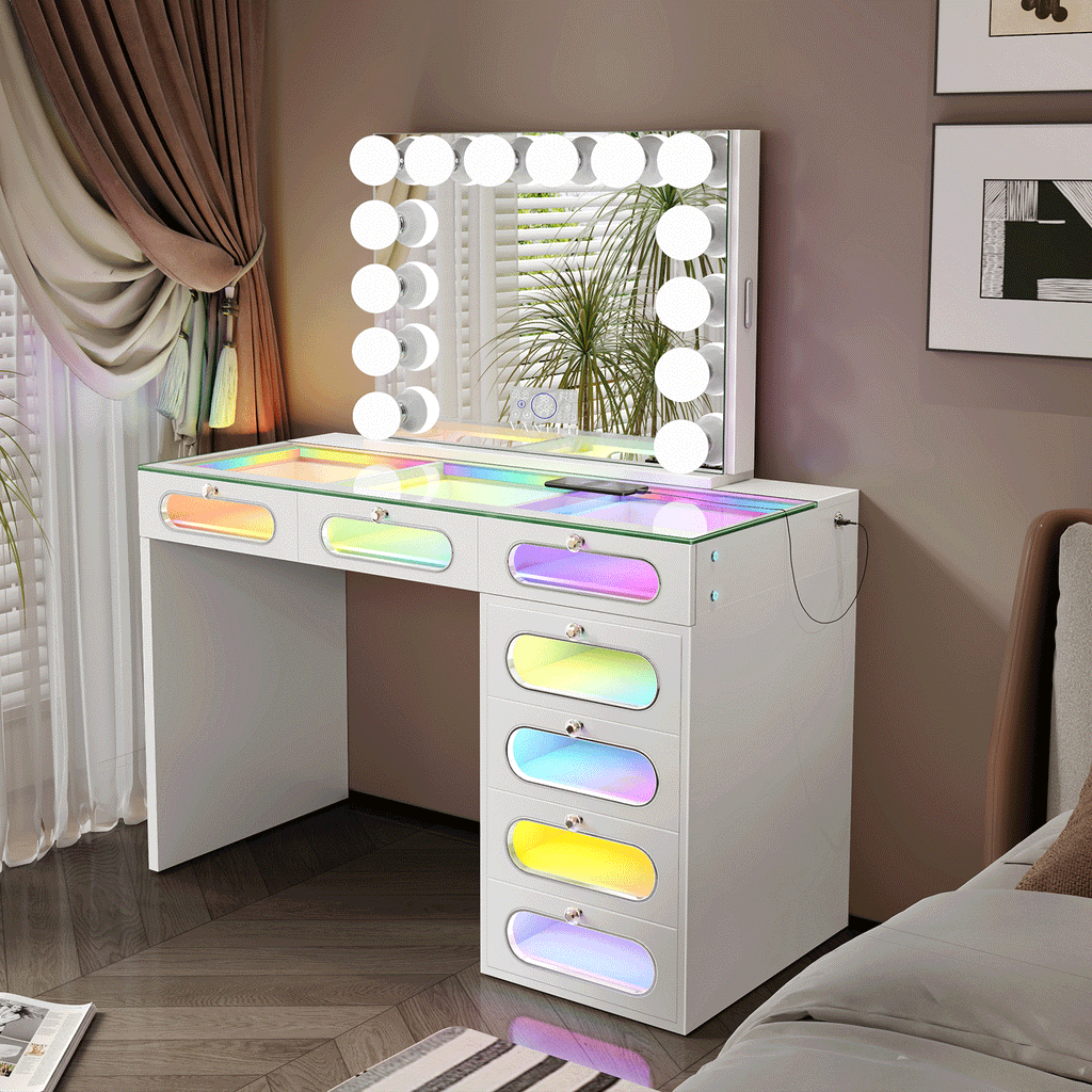 VANITII 7 Glass Fronted Drawers with Hollywood Vanity Mirror