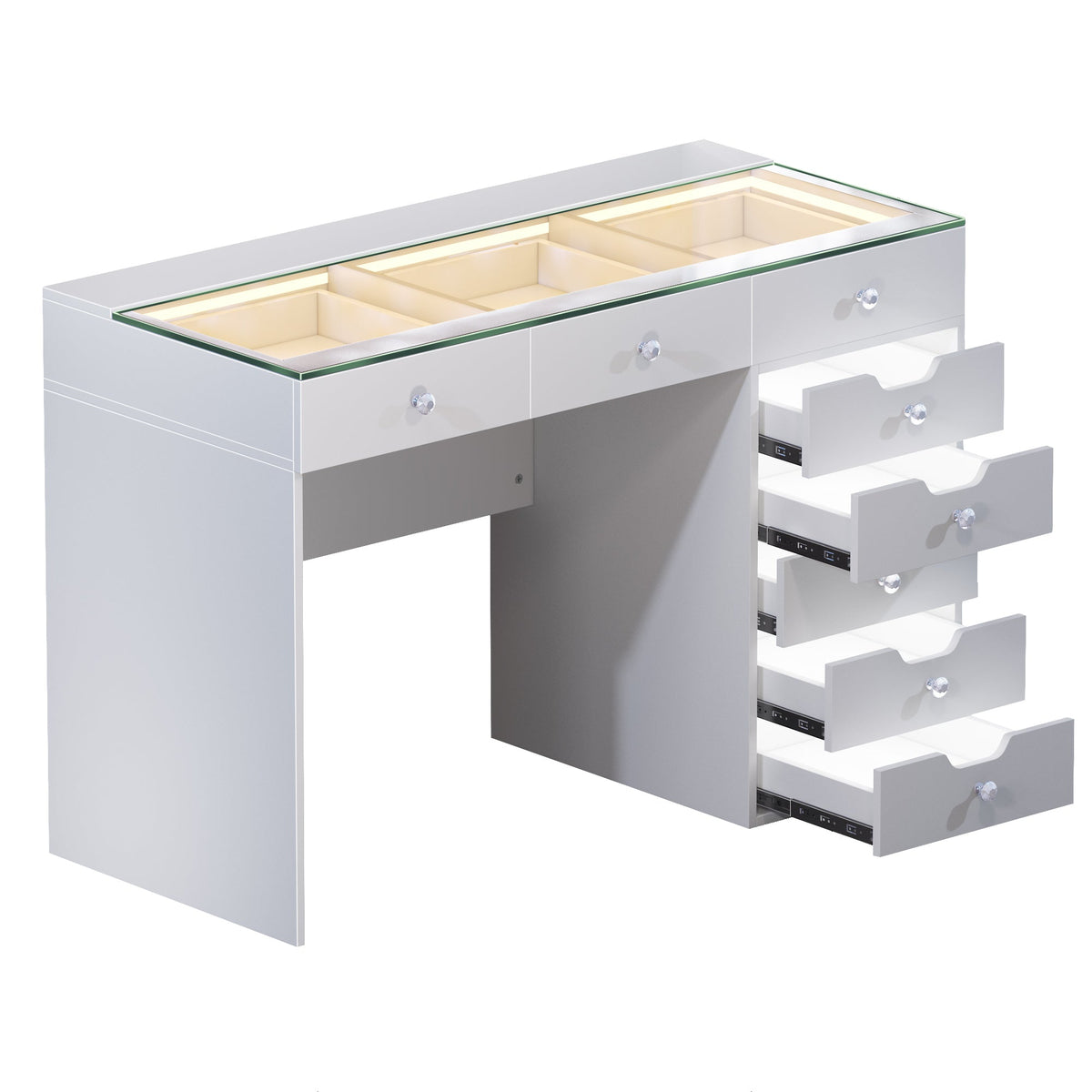 Vanitii Diana vanity desk with glass top and eight storage drawers