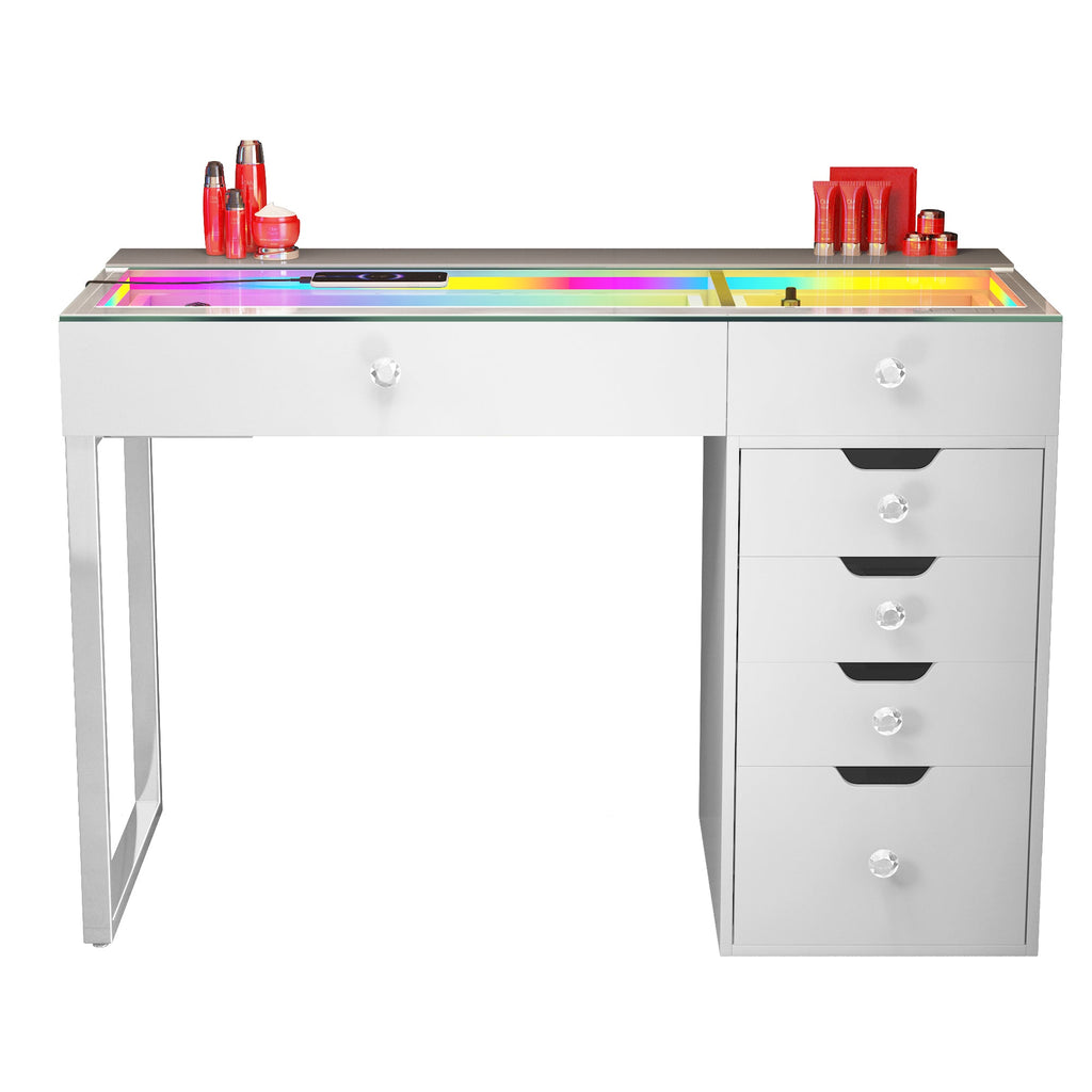 Vanitii Diana RGB vanity desk with six storage drawers and glass top