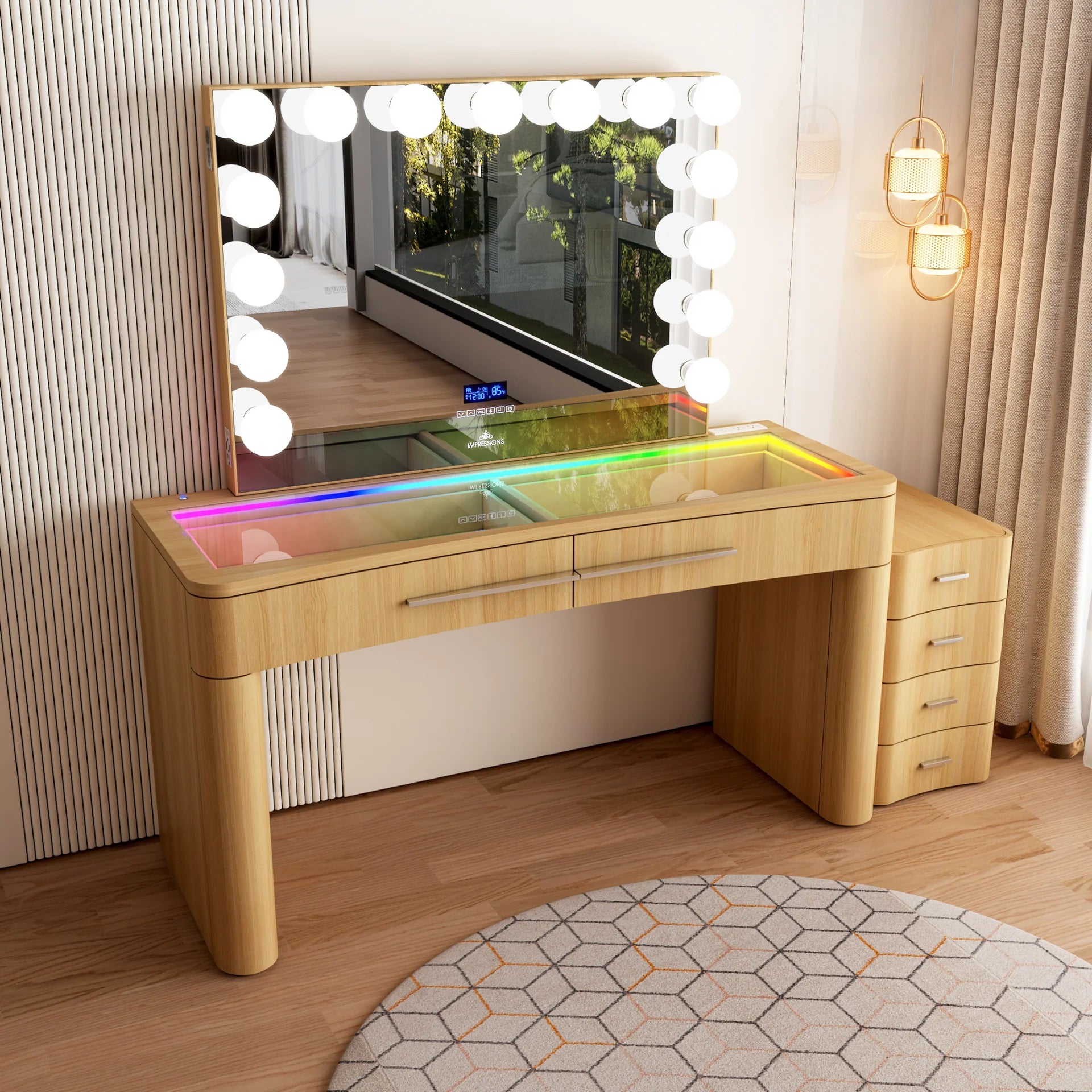 Modern natural wood makeup vanity with RGB LED glass top lighting, large Hollywood-style mirror with globe bulbs, and built-in drawer storage in a contemporary bedroom setting.