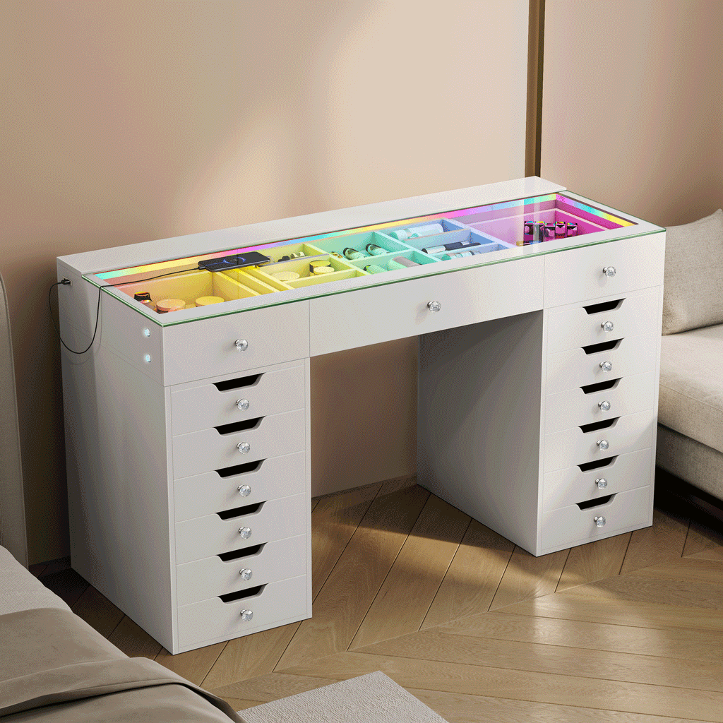 Vanitii Lisa Vanity Desk Pro with white drawers and glass top featuring integrated rainbow LED lighting