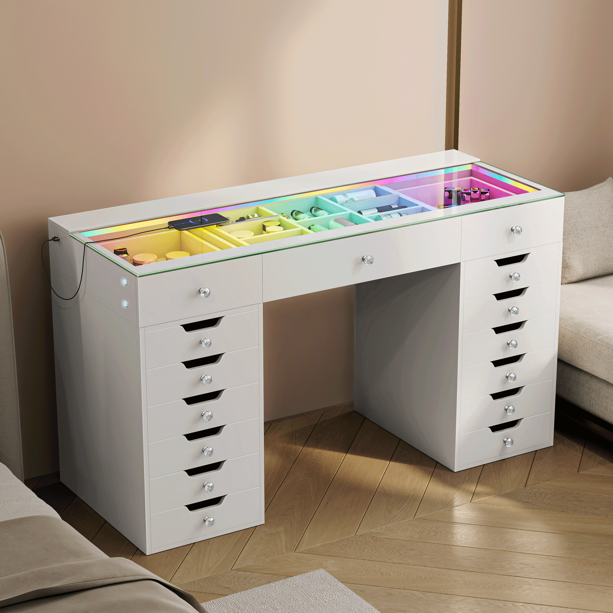 Vanitii Lisa Vanity Desk Pro with white drawers and glass top featuring integrated rainbow LED lighting