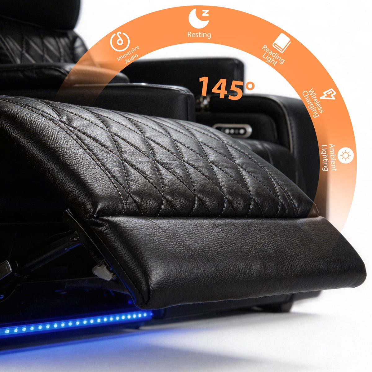 Massage chair with black quilted design and digital display on a white background