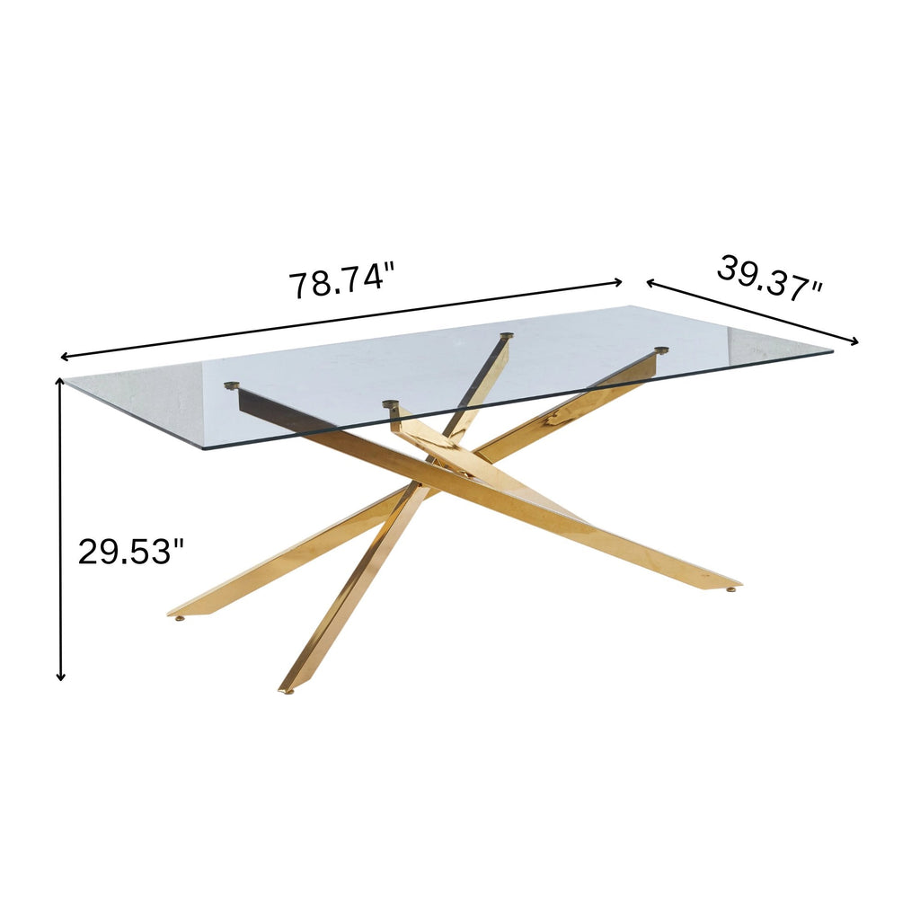 78.74" Large Dining Table for Kitchen & Living Room, Clear Tempered Glass Top with Gold Geometric Legs