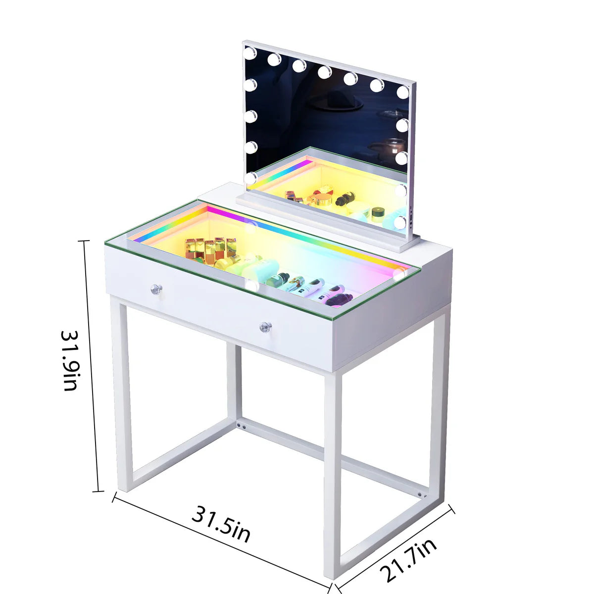 Makeup vanity table with mirror and dimensions on a white background