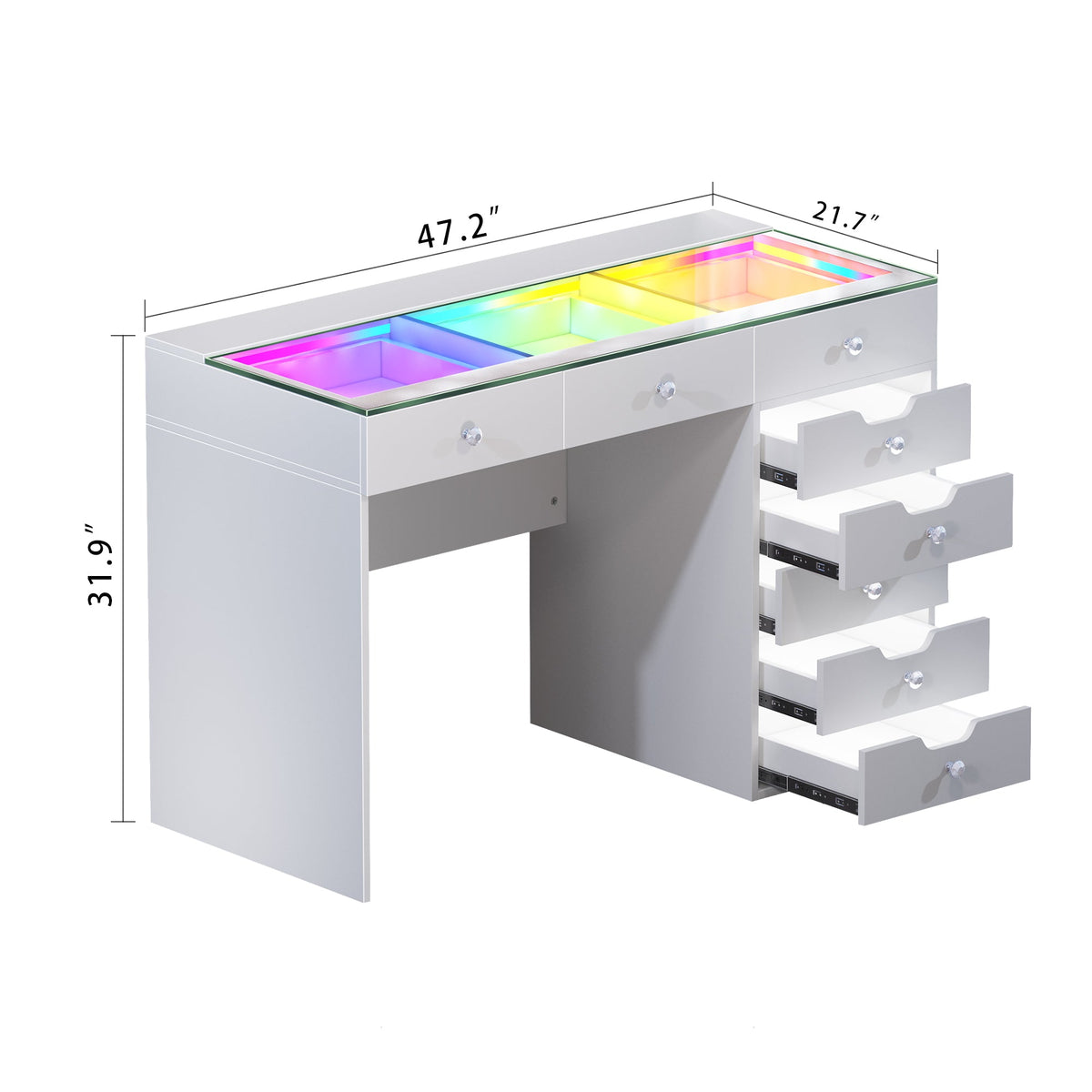 Vanitii Diana RGB vanity desk with glass top and eight storage drawers showing dimensions