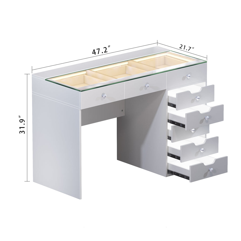VANITII Diana vanity desk with glass top and eight storage drawers showing dimensions 47.2 by 21.7 by 31.9 inches