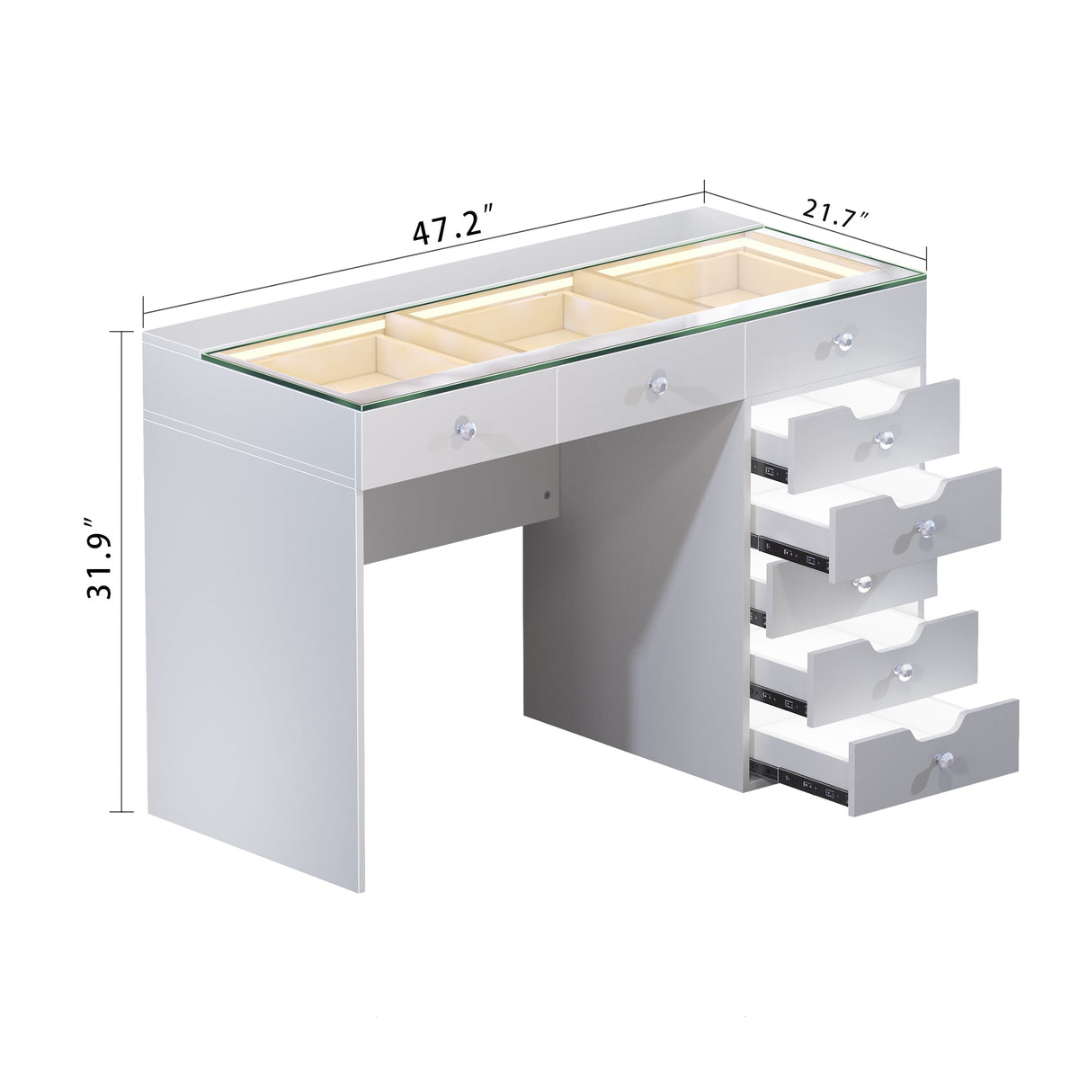 VANITII Diana vanity desk with glass top and eight storage drawers showing dimensions 47.2 by 21.7 by 31.9 inches